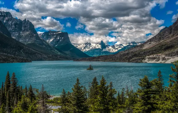 Clouds, mountains, lake, Montana, island, Glacier National Park, Saint Mary Lake, Rocky mountains