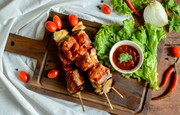 Meat, Board, pepper, vegetables, tomatoes, kebab, salad