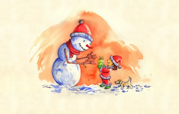 Picture winter, children, new year, art, snowmen