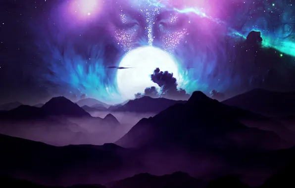 Moon, sky, digital, landscape, mountains, clouds, stars, face