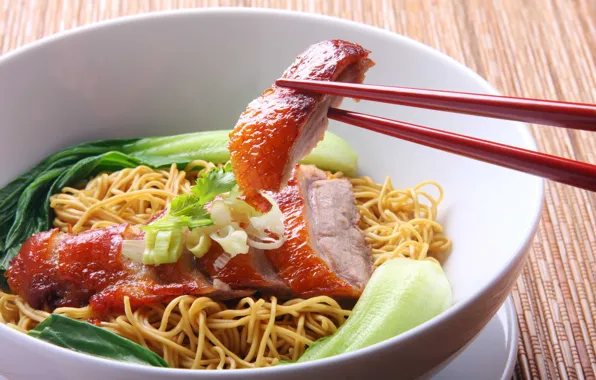 Picture greens, sticks, plate, meat, noodles