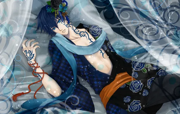 Picture curls, tattoo, bed, tattoo, guy, kimono, vocaloid, kaito