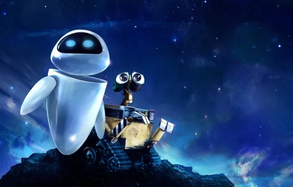 Picture the sky, look, stars, wall-e, Eva