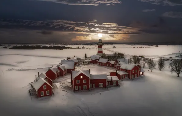Winter, snow, night, lighthouse, houses, Russia, Ryazan oblast, Andrew Chabrov
