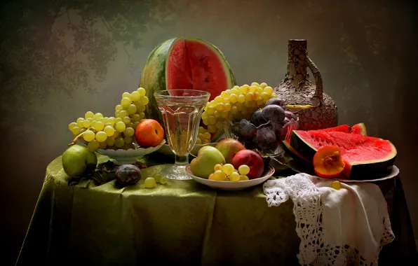 Picture summer, wine, apples, watermelon, grapes, fruit, still life, plum