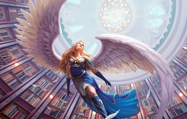 Girl, books, wings, angel, feathers, art, library, arch