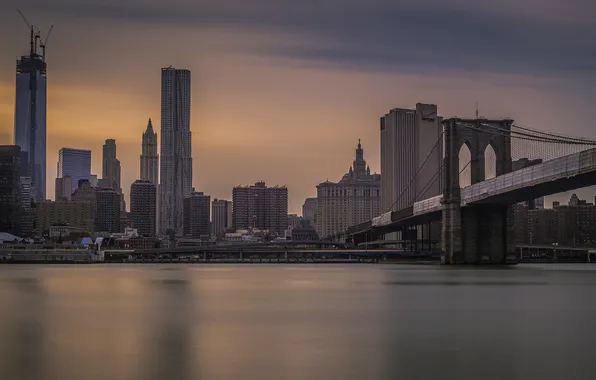 Picture the city, river, New York, skyscrapers, Brooklyn bridge