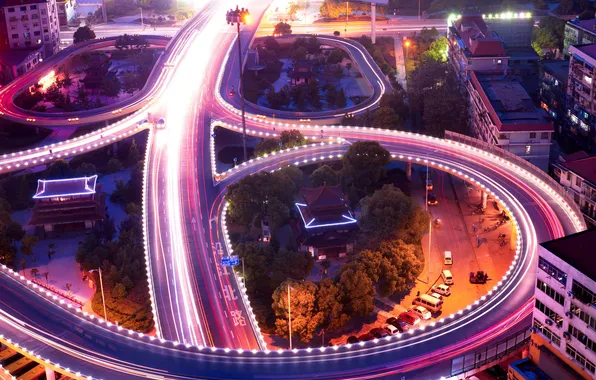 Night, the city, lights, movement, transport, building, traffic, overpass