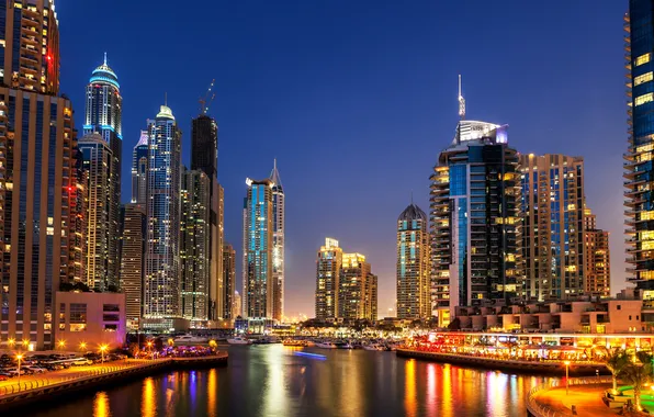 Night, lights, river, skyscrapers, boats, boats, Dubai, promenade
