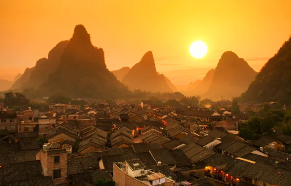 Roof, landscape, sunset, mountains, home, China, Guilin