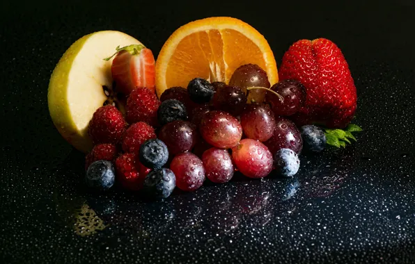 Drops, berries, raspberry, Apple, orange, blueberries, strawberry, grapes