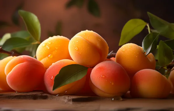 Leaves, drops, fruit, peaches, apricots, AI art, neural network