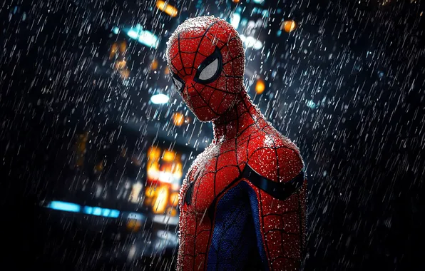 Night, the city, rain, Marvel, super heroes, spider-man, Marvel Comics, Comics