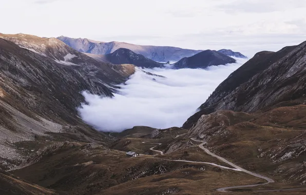 Road, clouds, mountains, house, house, road, cloud, mountains