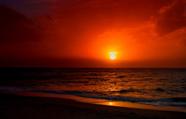 Sunset, The sun, The sky, Water, Sand, Clouds, The ocean, Beach