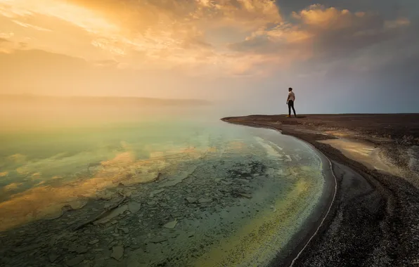 Fog, lake, stones, shore, people, the bottom, male, guy