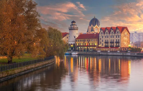 Picture trees, river, lighthouse, building, home, Russia, Fishing village, Kaliningrad