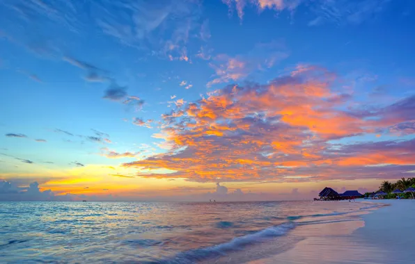 Picture sand, wave, beach, the sky, clouds, landscape, sunset, nature