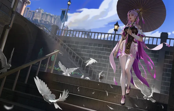 Pink hair, long hair, digital art, artwork, walking, fantasy girl, Ydiya Kai, video game girls