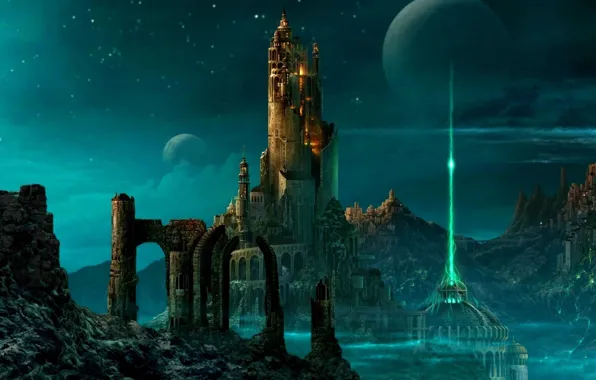 The sky, the city, castle, the world, planet, the portal