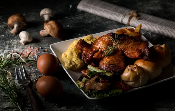 Eggs, baked meat, puree