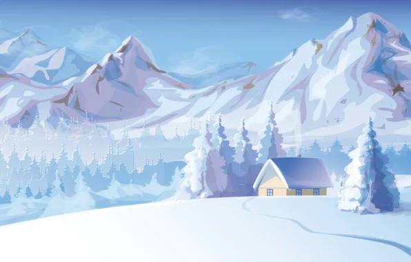 Picture snow, trees, mountains, smoke, Winter, house
