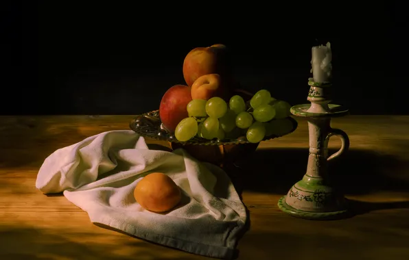 Candle, grapes, still life, peaches, candle holder, vase, Antonello Maccioni