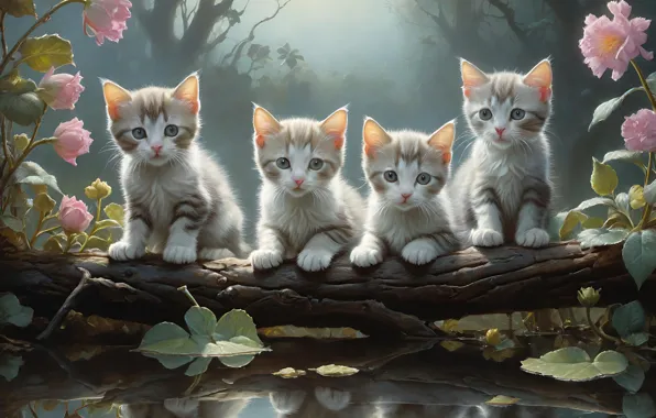 Picture animals, water, tree, art, kittens