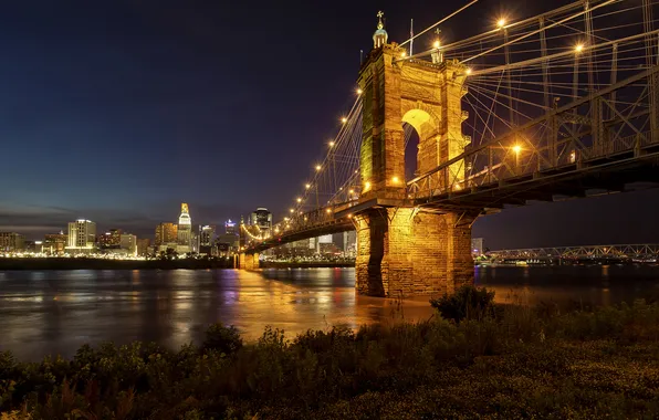 Night, bridge, the city, lights, river, skyscrapers, lighting, lights