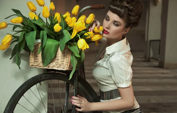 Picture girl, flowers, retro, hairstyle, yellow tulips