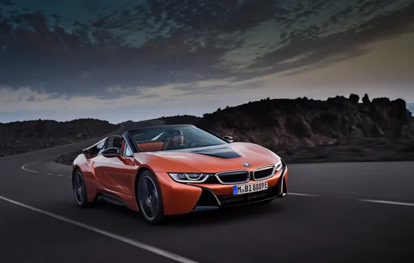 Picture road, rocks, BMW, Roadster, 2018, i8, dark orange, i8 Roadster