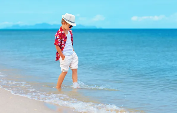 Sea, coast, shorts, hat, boy, sea, coast, child