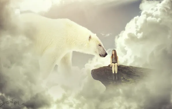 Picture the sky, girl, clouds, rocks, polar bear