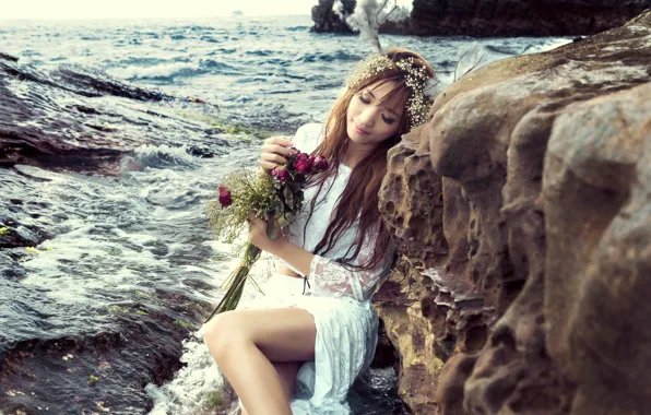 Sea, girl, flowers, mood, roses, bouquet, wreath