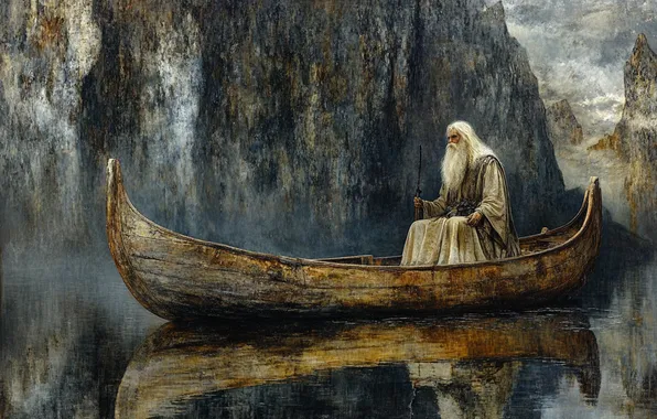 Fog, rock, reflection, boat, fantasy, grandfather, MAG, the old man