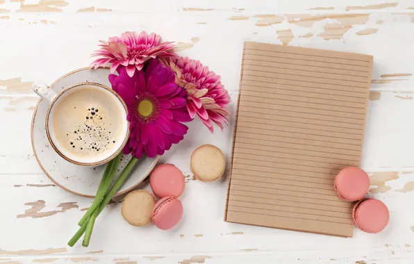 Flowers, gerbera, wood, pink, flowers, coffee cup, good morning, with love