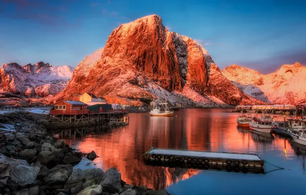 Mountains, ships, village, port, Norway, Norway, the fjord, Lofoten