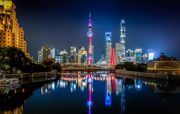 Night, the city, reflection, building, tower, lighting, China, Shanghai