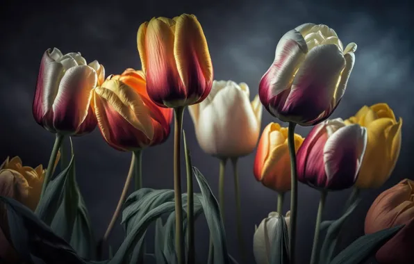 Picture leaves, flowers, dark, tulips, still life, flowers, background, leaves