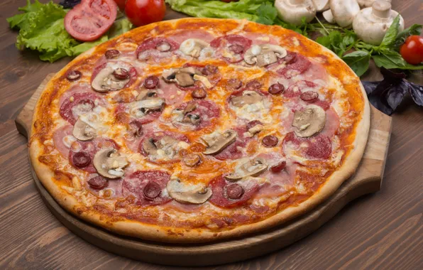Picture greens, mushrooms, pizza, tomatoes, sauce