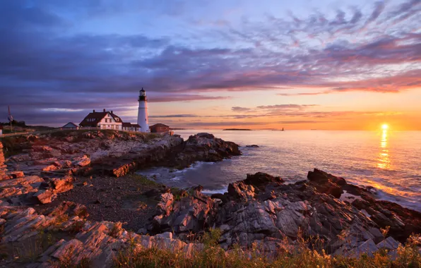 Sea, the sun, rocks, dawn, lighthouse, Portland