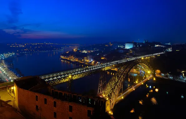 Night, bridge, lights, river, home, panorama, Portugal, Port
