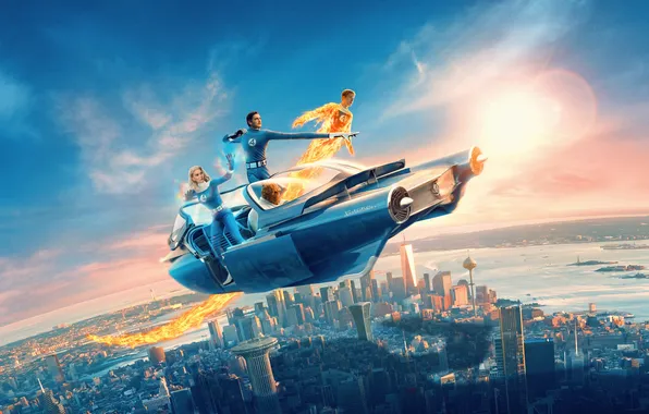 The city, panorama, flight, poster, characters, comic, costumes, Fantastic four