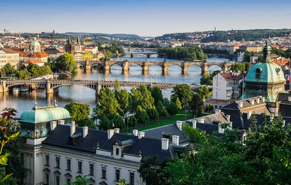 The sky, home, Prague, Czech Republic, panorama, bridges, the Vltava river