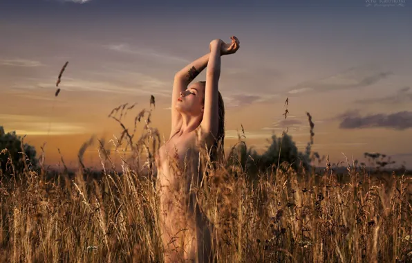 GIRL, NATURE, GRASS, HORIZON, The SKY, FIELD