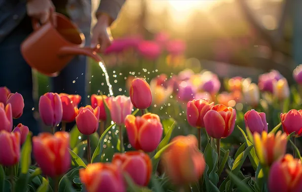 Water, the sun, drops, rays, light, flowers, squirt, Park