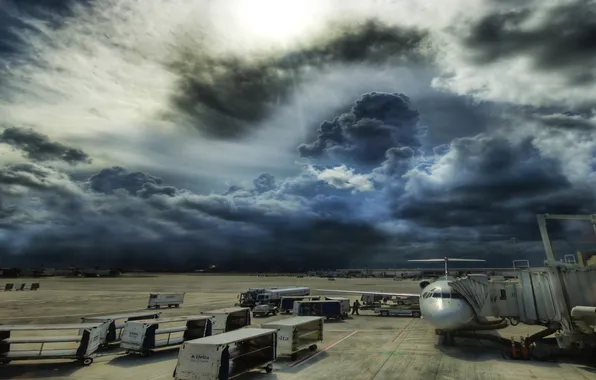 Picture aircraft, clouds, people, Airport, cargo