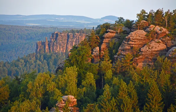 The sky, trees, sunset, mountains, rocks