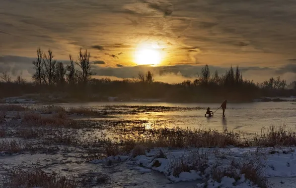 Winter, sunset, lake, ice