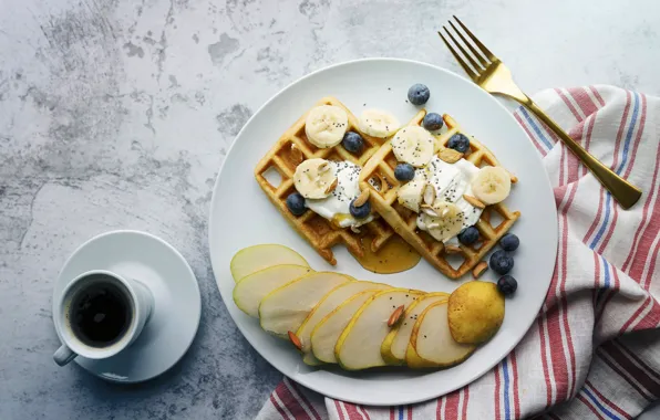 Berries, coffee, towel, seeds, blueberries, plate, bananas, plug